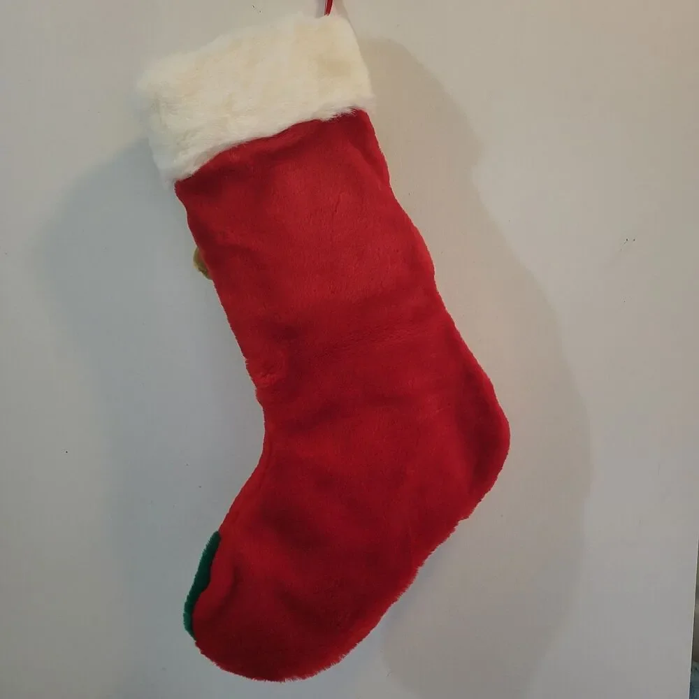 Christmas Stocking Reindeer Seasons Greetings Plush Vintage Red Green 17